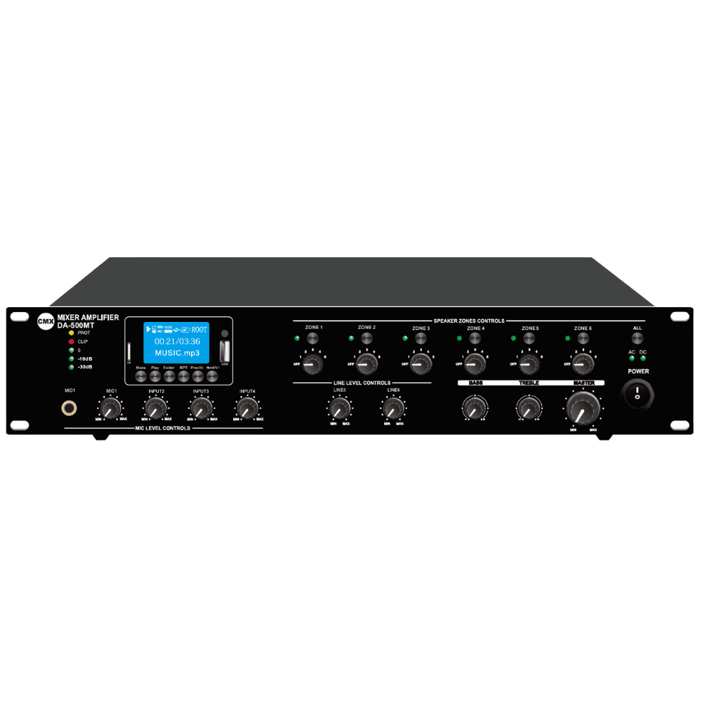 CMX DA-500MT- 500W-6 Zone Mixer Amplifier with ATT/Mp3/USB/FM/Bluetooth 1 CMX DA-500MT- 500W-6 Zone Mixer Amplifier with ATT/Mp3/USB/FM/Bluetooth